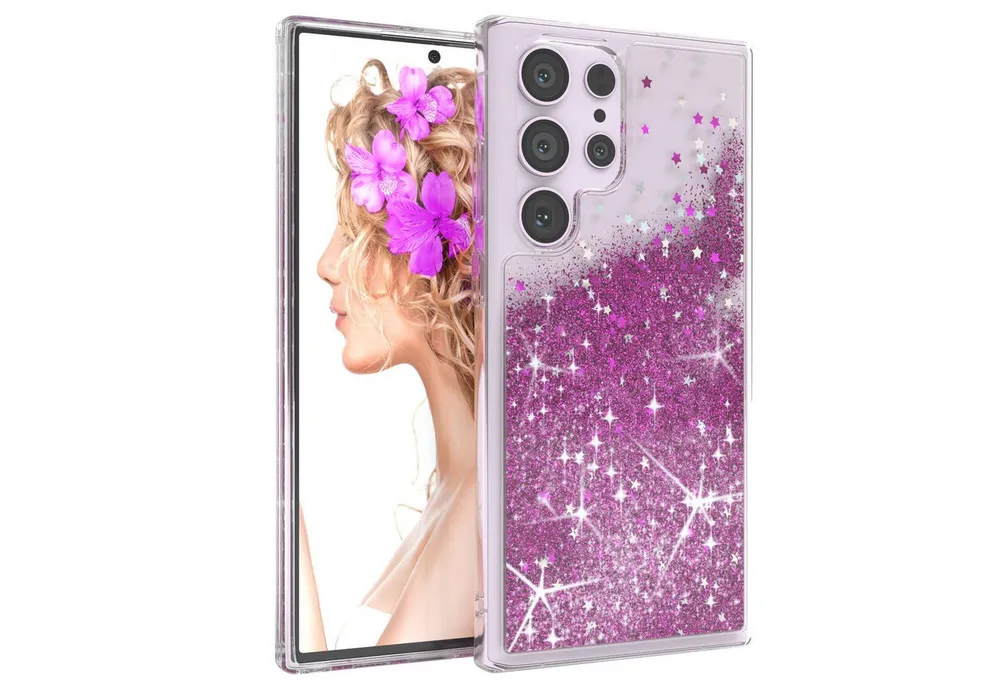 EAZY CASE Handyhülle Liquid Glittery Case für Samsung Galaxy S23 Ultra 6,8 Zoll, Bumper Case Back Cover Glitter Glossy Handyhülle Etui Violett Lila