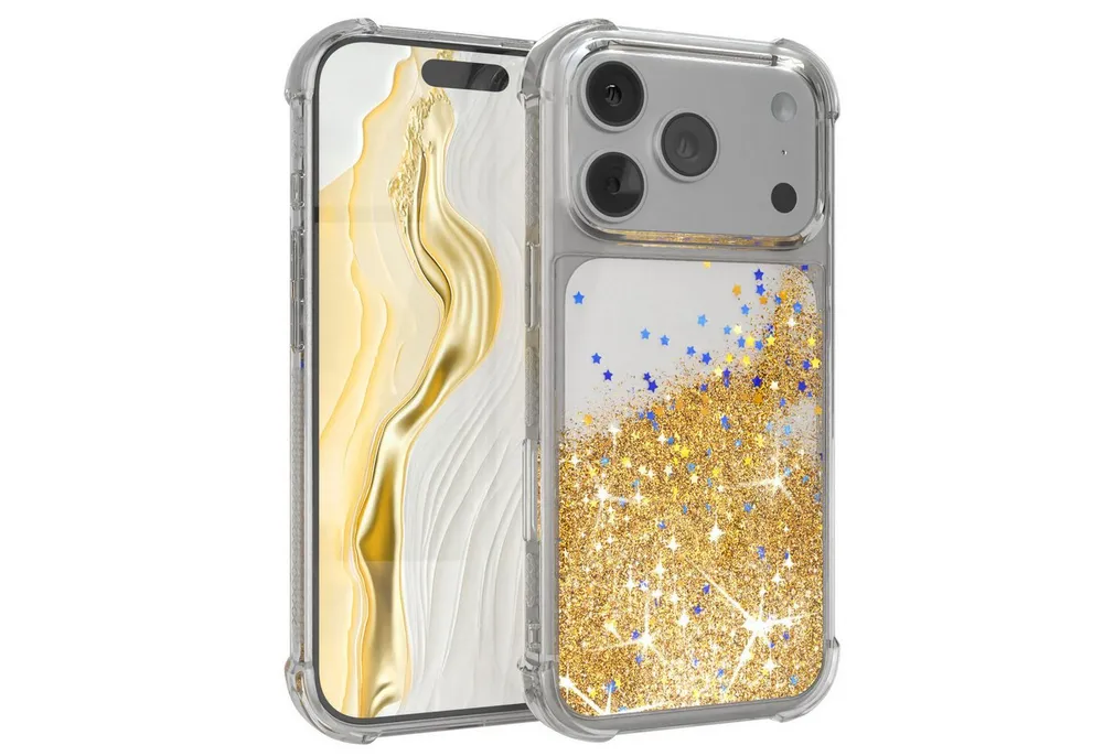 EAZY CASE Handyhülle Liquid Glittery Case für Apple iPhone 17 Pro 6,3 Zoll, Durchsichtig Back Case Handy Softcase Silikonhülle Glitzer Cover Gold