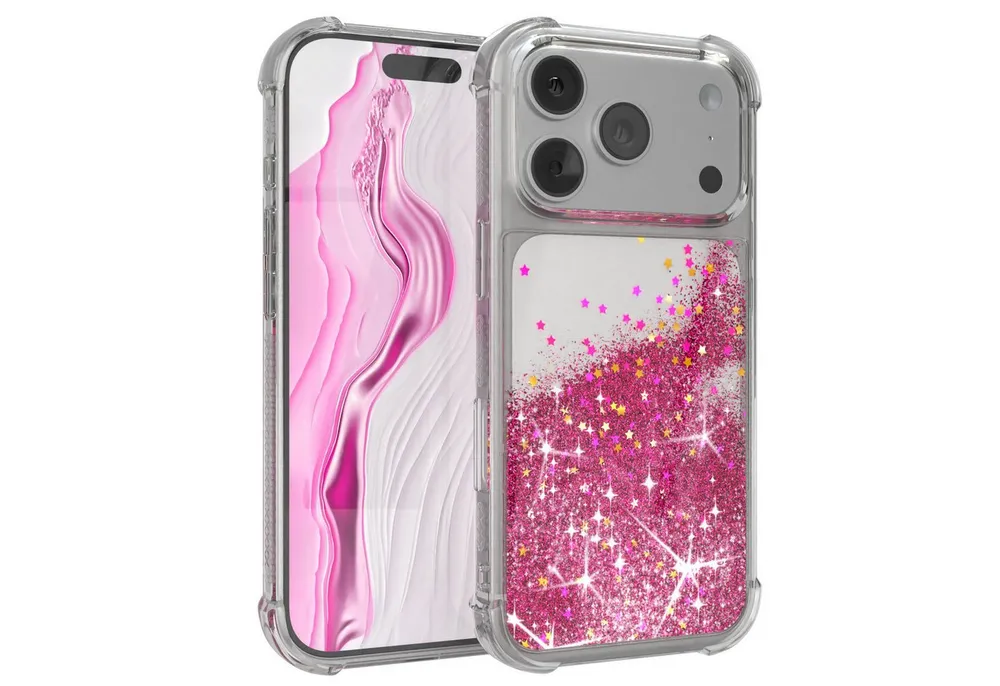 EAZY CASE Handyhülle Liquid Glittery Case für Apple iPhone 17 Pro 6,3 Zoll, Glitzerhülle Shiny Slimcover stoßfest Durchsichtig Bumper Case Pink