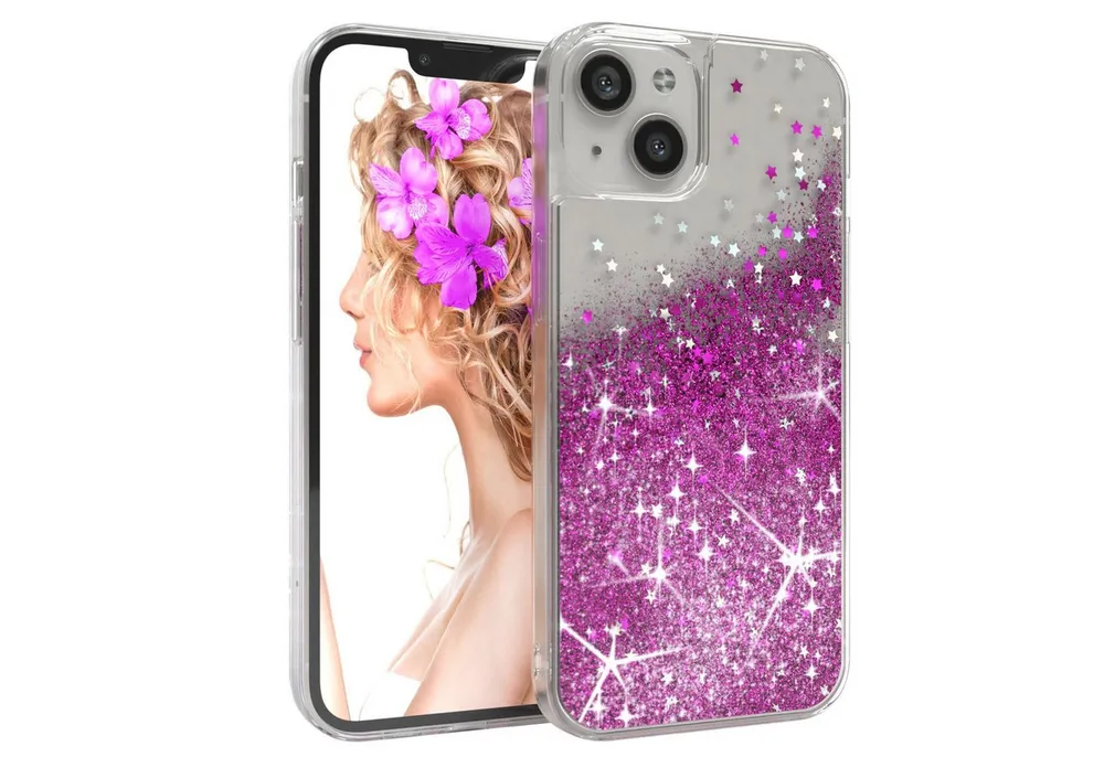 EAZY CASE Handyhülle Liquid Glittery Case für Apple iPhone 13 6,1 Zoll, Bumper Case Back Cover Glitter Glossy Handyhülle Etui Violett Lila