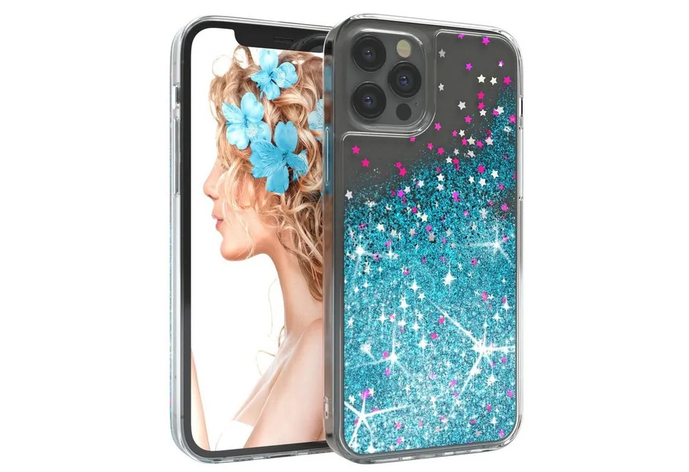 EAZY CASE Handyhülle Liquid Glittery Case für iPhone 12 / iPhone 12 Pro 6,1 Zoll, Gloss Slimcover Girly Backcover Bling Phone Case kratzfeste Cover Blau