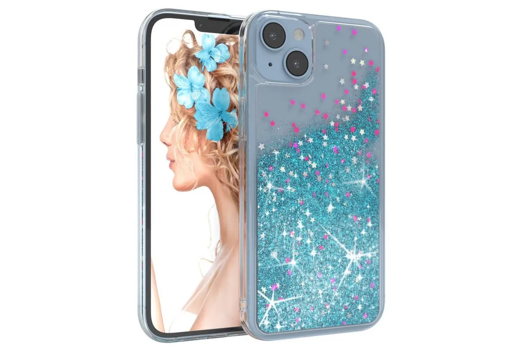 EAZY CASE Handyhülle Liquid Glittery Case für Apple iPhone 14 Plus 6,7 Zoll, Gloss Slimcover Girly Backcover Bling Phone Case kratzfeste Cover Blau