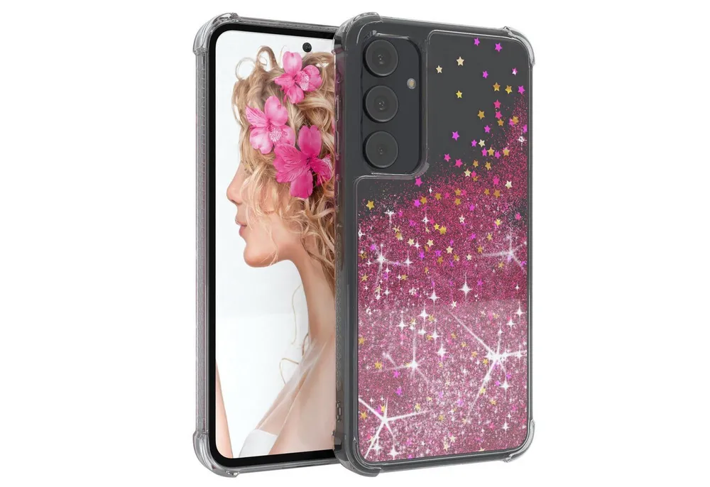 EAZY CASE Handyhülle Liquid Glittery Case für Samsung Galaxy A55 6,6 Zoll, Glitzerhülle Shiny Slimcover stoßfest Durchsichtig Bumper Case Pink