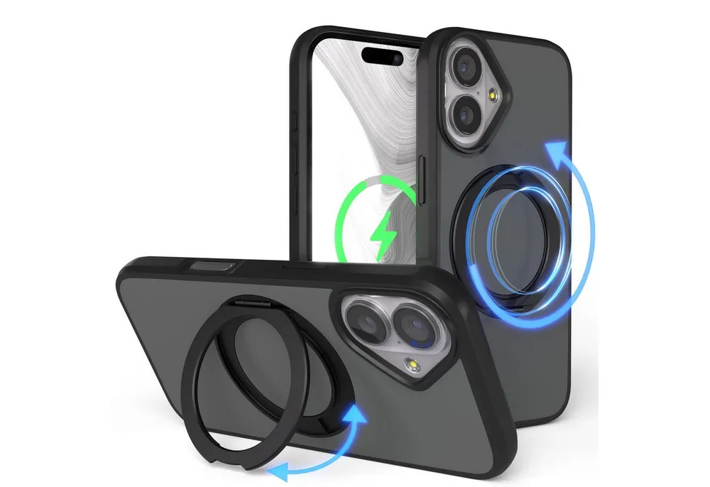 EAZY CASE Handyhülle Outdoor Apple iPhone 17 Case MagSafe Rotation Ring 6,3 Zoll, Outdoor Handy Hülle Bumper Schutzhülle Slim mit Kameraschutz Schwarz