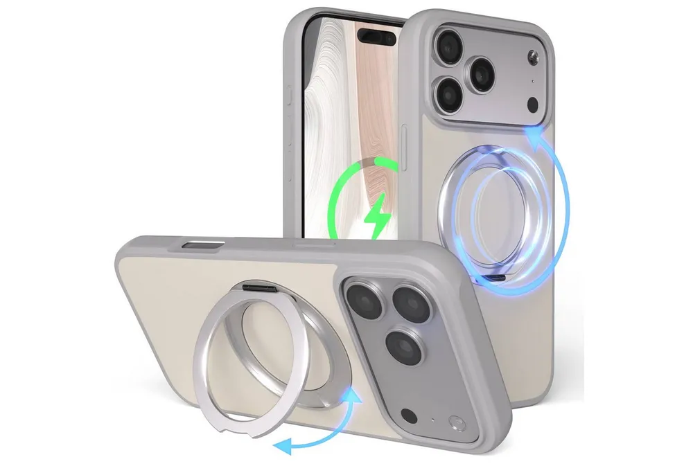 EAZY CASE Handyhülle Outdoor Apple iPhone 17 Pro Max Case MagSafe Rotation Ring 6,9 Zoll, Moderne aufstellbare Handyhülle stoßfest Bumpercase kratzfest in Grau