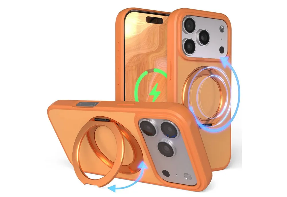 EAZY CASE Handyhülle Outdoor Apple iPhone 17 Pro Case MagSafe Rotation Ring 6,3 Zoll, Slimcover Handyhülle Outdoor zum Aufstellen mit Ring modern in Orange