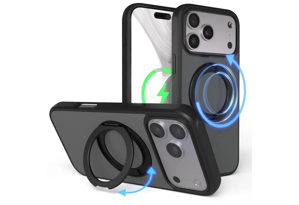 EAZY CASE Handyhülle Outdoor Apple iPhone 17 Pro Max Case MagSafe Rotation Ring 6,9 Zoll, Outdoor Handy Hülle Bumper Schutzhülle Slim mit Kameraschutz Schwarz