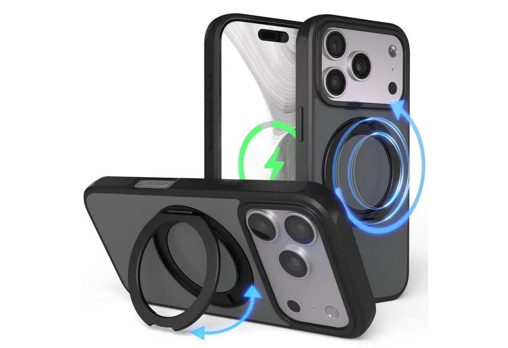 EAZY CASE Handyhülle Outdoor Apple iPhone 17 Pro Case MagSafe Rotation Ring 6,3 Zoll, Outdoor Handy Hülle Bumper Schutzhülle Slim mit Kameraschutz Schwarz