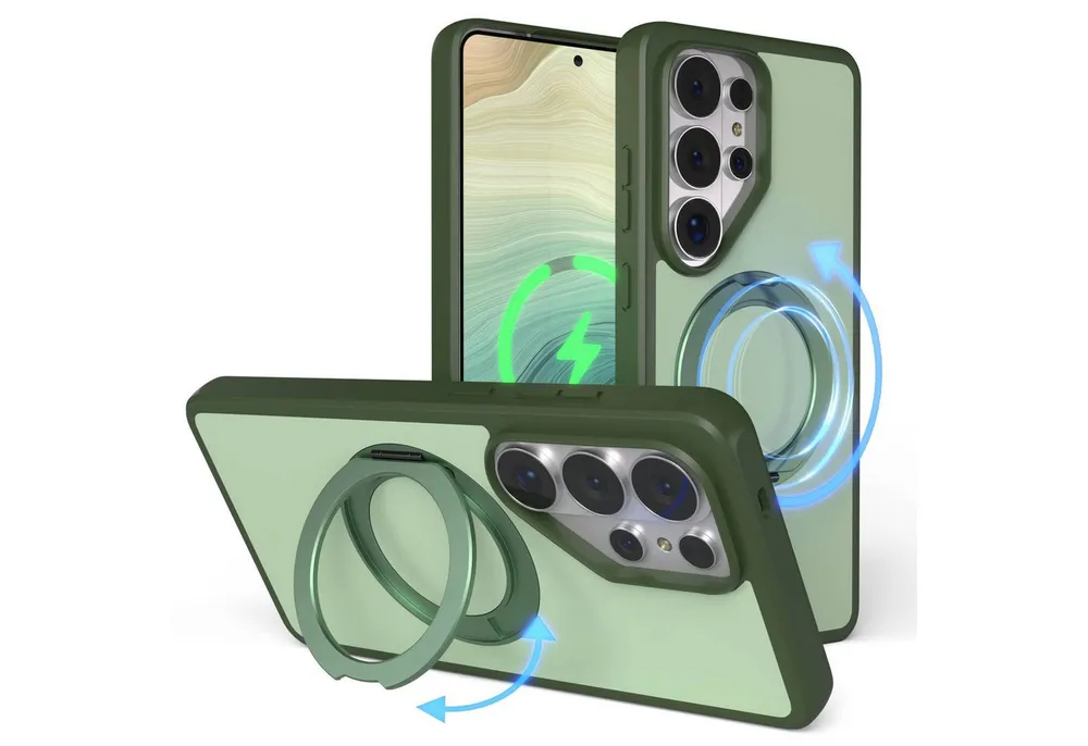 EAZY CASE Handyhülle Outdoor Galaxy S26 Ultra Case mit MagSafe Rotation Ring 6,9 Zoll, Backcover Case mit Rotation Ring Outdoor Hülle aufstellbar Dunkelgrün