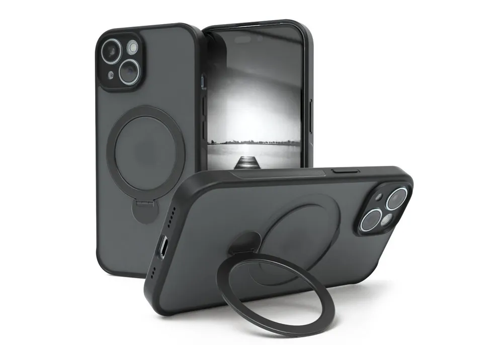 EAZY CASE Handyhülle Outdoor iPhone 15 Case MagSafe Rotation Ring 6,1 Zoll, Outdoor Handy Hülle Bumper Schutzhülle Slim mit Kameraschutz Schwarz