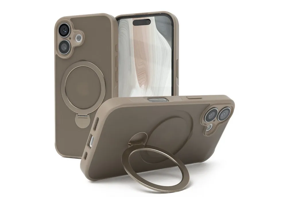 EAZY CASE Handyhülle Outdoor iPhone 16 Case MagSafe Rotation Ring 6,1 Zoll, Outdoor Handy Hülle stoßfest Silikon Case Schutzhülle Bumper Goldbraun