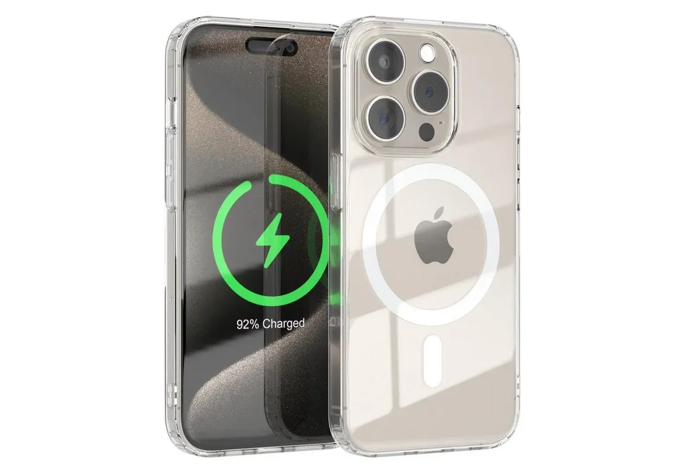 EAZY CASE Handyhülle Transparente Hülle mit MagSafe für iPhone 15 Pro 6,1 Zoll, Back Cover, Bumper Case, Handy Schutzhülle Kameraschutz, Durchsichtig