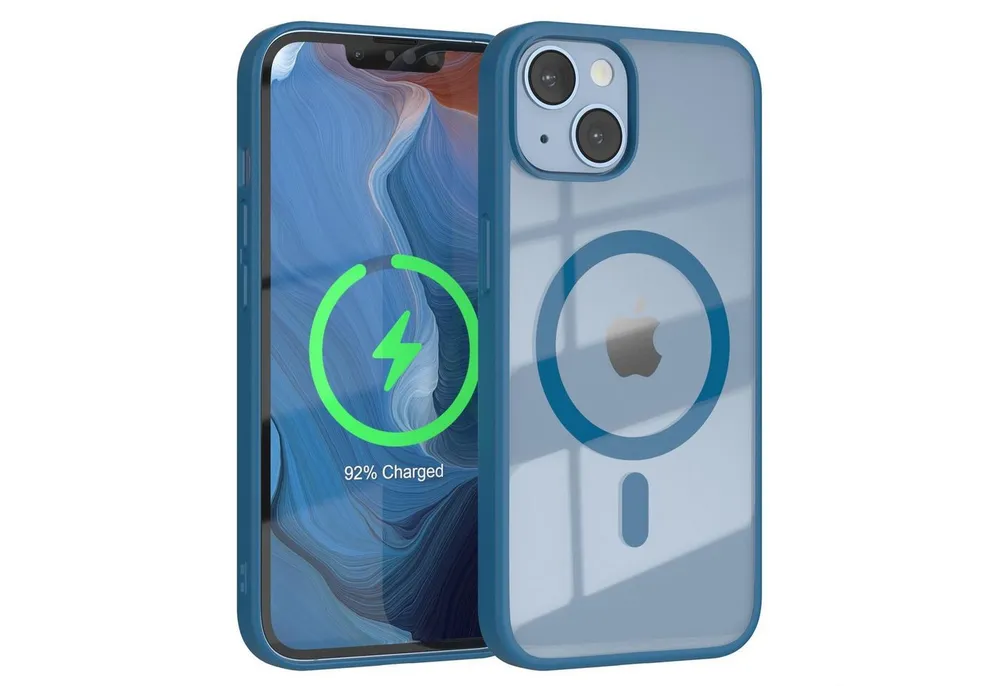 EAZY CASE Handyhülle Transparente Hülle mit MagSafe für iPhone 14 6,1 Zoll, Silikon Handyhülle, Schutzhülle mit Kameraschutz, Etui magnetisch Blau