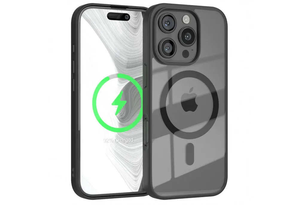 EAZY CASE Handyhülle Transparente Hülle mit MagSafe für iPhone 16 Pro 6,3 Zoll, Qi Charging kompatibel, Silicon Case, Slimcover Displayschutz, Schwarz
