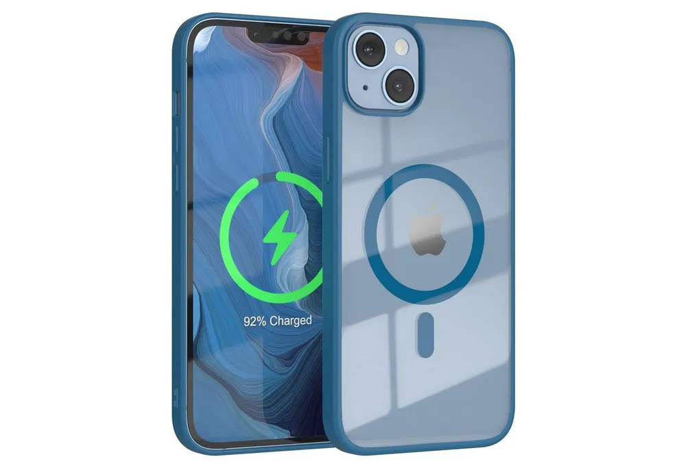 EAZY CASE Handyhülle Transparente Hülle mit MagSafe für iPhone 14 Plus 6,7 Zoll, Silikon Handyhülle, Schutzhülle mit Kameraschutz, Etui magnetisch Blau
