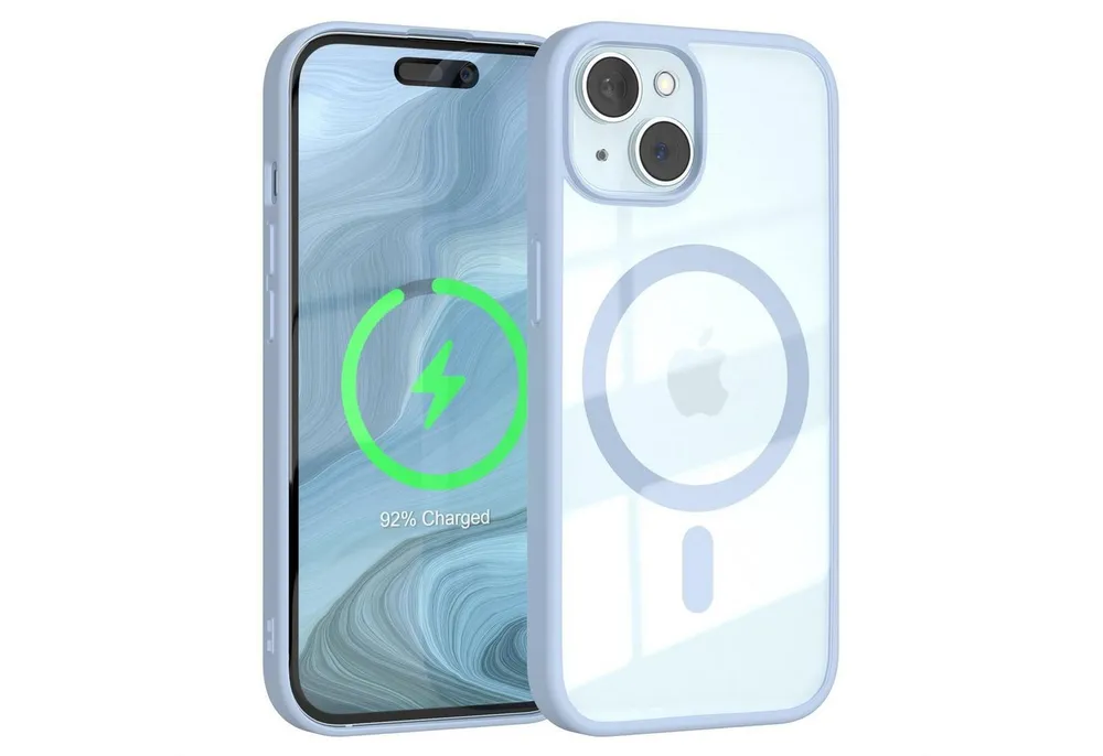 EAZY CASE Handyhülle Transparente Hülle mit MagSafe für iPhone 15 6,1 Zoll, Softcase, Schutzhülle mit Displayschutz, stoßfest, kratzfest, Hellblau