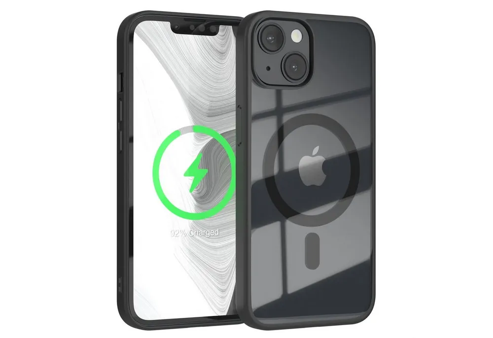 EAZY CASE Handyhülle Transparente Hülle mit MagSafe für iPhone 14 6,1 Zoll, Qi Charging kompatibel, Silicon Case, Slimcover Displayschutz, Schwarz