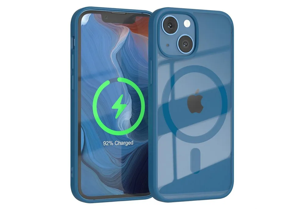 EAZY CASE Handyhülle Transparente Hülle mit MagSafe für iPhone 13 Mini 5,4 Zoll, Silikon Handyhülle, Schutzhülle mit Kameraschutz, Etui magnetisch Blau