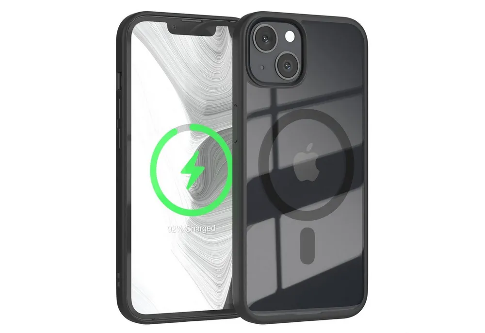 EAZY CASE Handyhülle Transparente Hülle mit MagSafe für iPhone 13 6,1 Zoll, Qi Charging kompatibel, Silicon Case, Slimcover Displayschutz, Schwarz