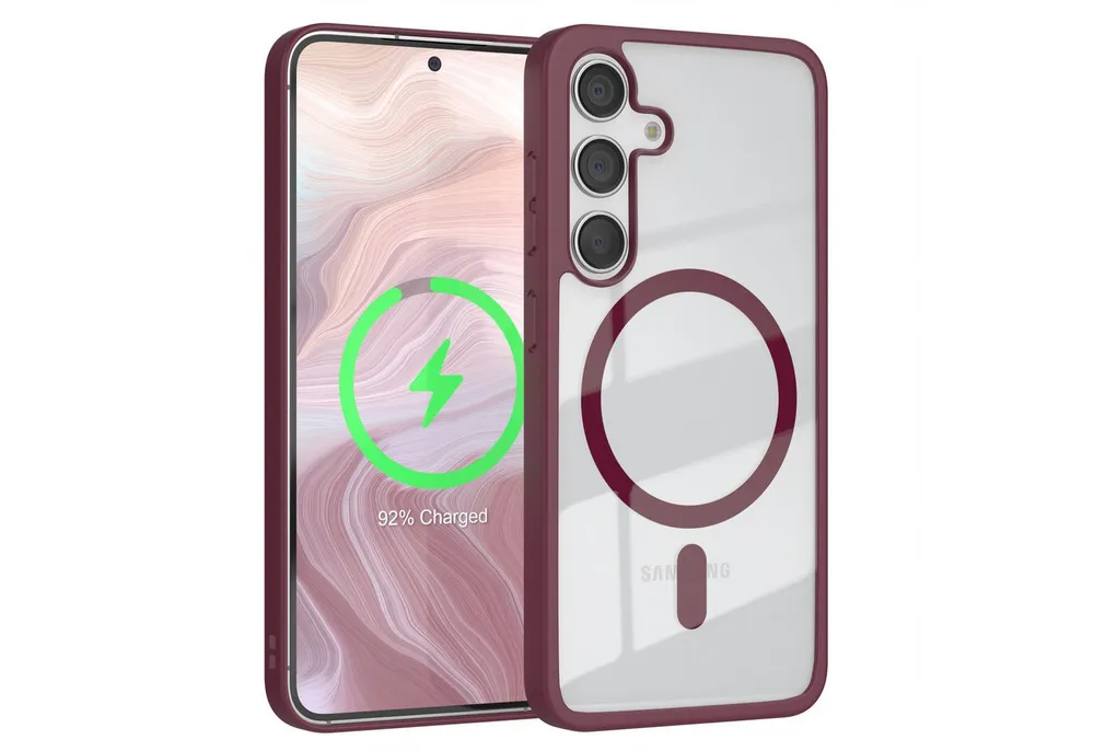 EAZY CASE Handyhülle Transparente Hülle mit MagSafe Samsung Galaxy S24 6,2 Zoll, Back Cover Slimcover mit Displayschutz, Magsafefunktion, Bumper, Beere