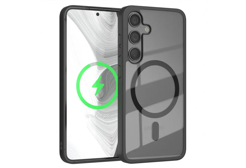 EAZY CASE Handyhülle Transparente Hülle mit MagSafe Samsung Galaxy S24 6,2 Zoll, Qi Charging kompatibel, Silicon Case, Slimcover Displayschutz, Schwarz