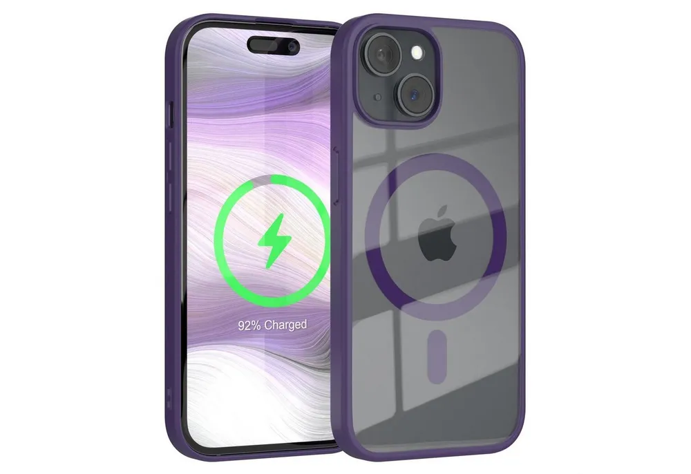 EAZY CASE Handyhülle Transparente Hülle mit MagSafe für iPhone 15 6,1 Zoll, Hülle mit Kameraschutz, Smart Case kompatibel mit Magsafe, Violett