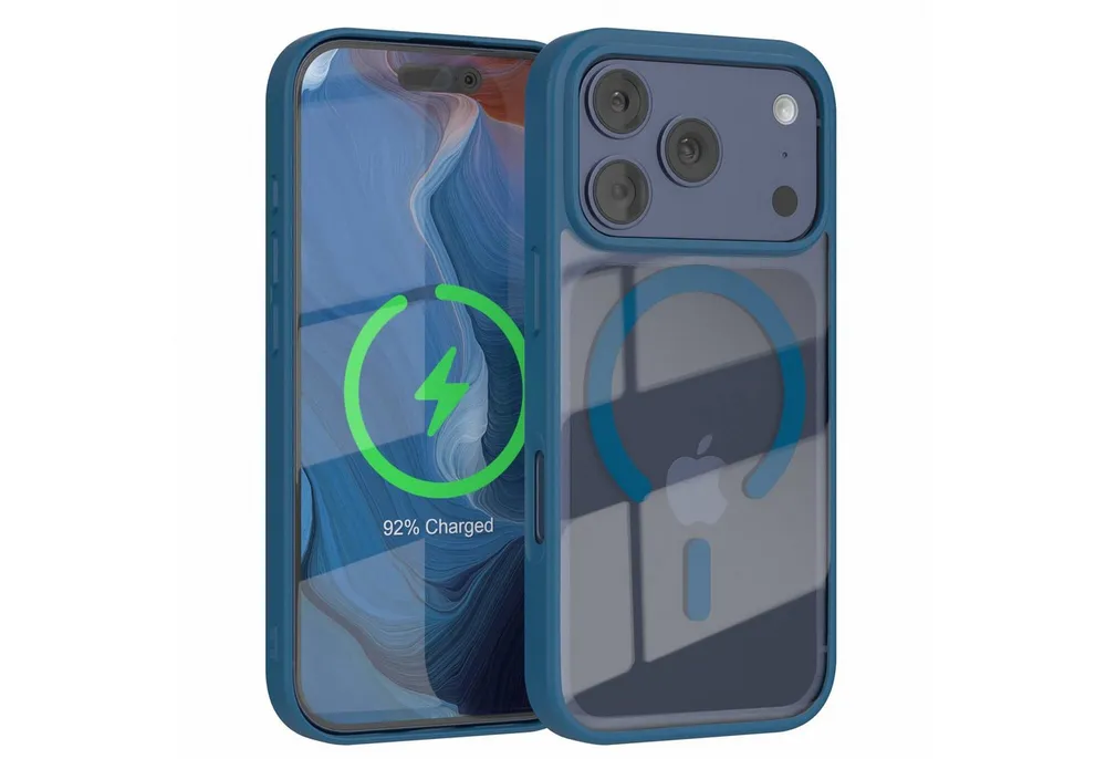 EAZY CASE Handyhülle Transparente Hülle mit MagSafe für iPhone 17 Pro 6,3 Zoll, Silikon Handyhülle, Schutzhülle mit Kameraschutz, Etui magnetisch Blau