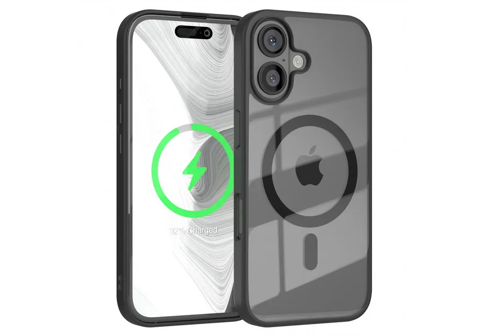 EAZY CASE Handyhülle Transparente Hülle mit MagSafe für iPhone 16 6,1 Zoll, Qi Charging kompatibel, Silicon Case, Slimcover Displayschutz, Schwarz