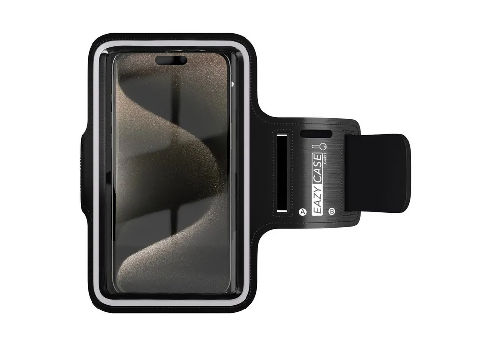EAZY CASE Handyhülle Universal Sportarmband mit Reflektor Schwarz bis 6,7 Zoll, Sport Armband Laufarmband Unisex schweißfest Schlüsselfach Schwarz