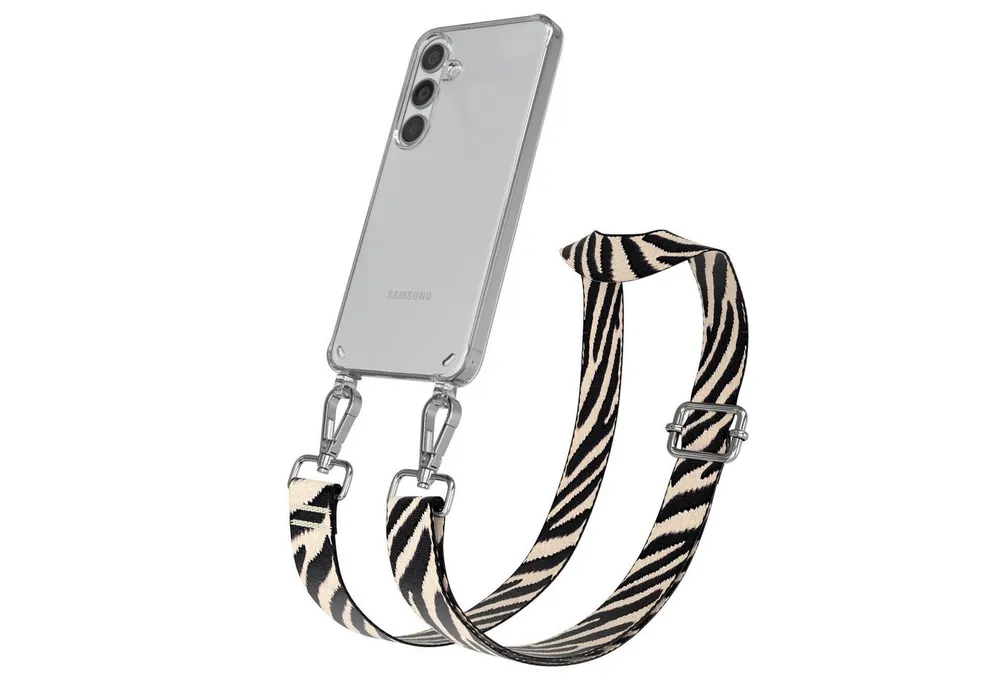 EAZY CASE Handykette Boho Umhängeband für Samsung Galaxy S24 6,2 Zoll, Verstellbarer Zebra Trageriemen Case transparent Kette Schwarz Beige