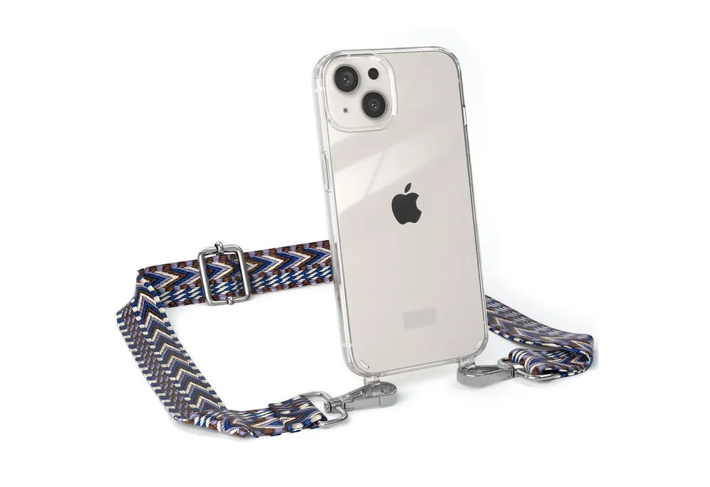 EAZY CASE Handykette Boho Umhängeband für Apple iPhone 13 6,1 Zoll, Handyband zum Wechseln geflochtenes Taschenband Festivalbag Boho Blau