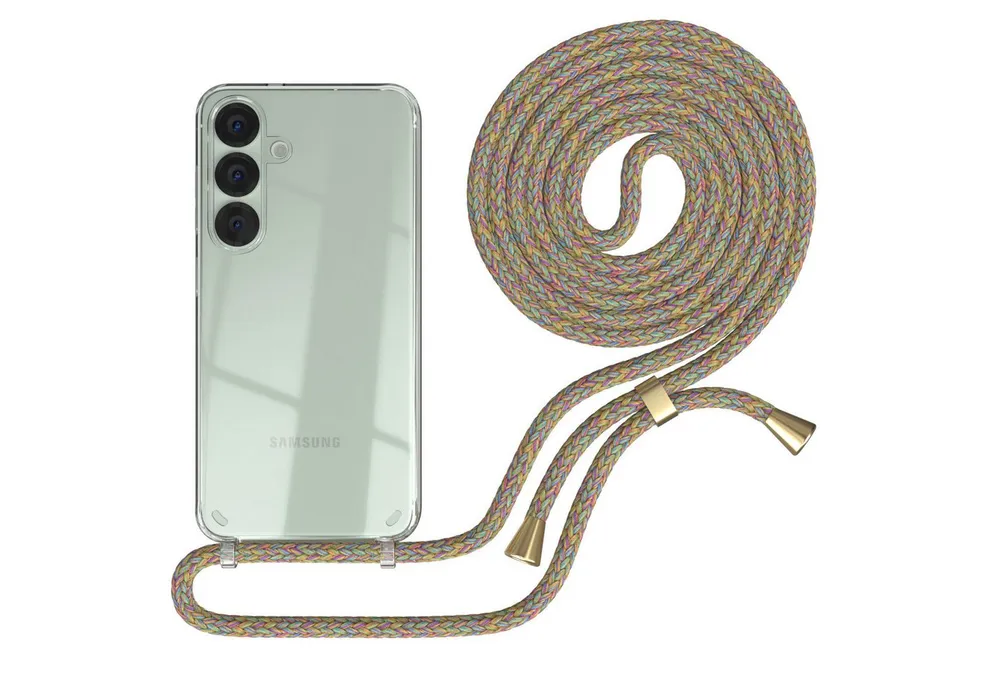 EAZY CASE Handykette Hülle mit Kette für Samsung Galaxy S25 6,2 Zoll, Ketten Hülle Schultergurt Schutz Hülle Tasche mit Band Bunt Clip Gold