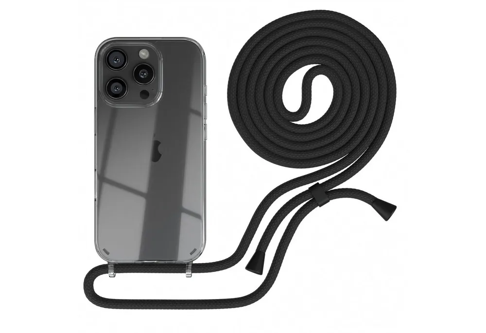 EAZY CASE Handykette Hülle mit Kette für Apple iPhone 16 Pro 6,3 Zoll, Slimcover mit Umhängeband Case Handytasche Clear Backcover Schwarz