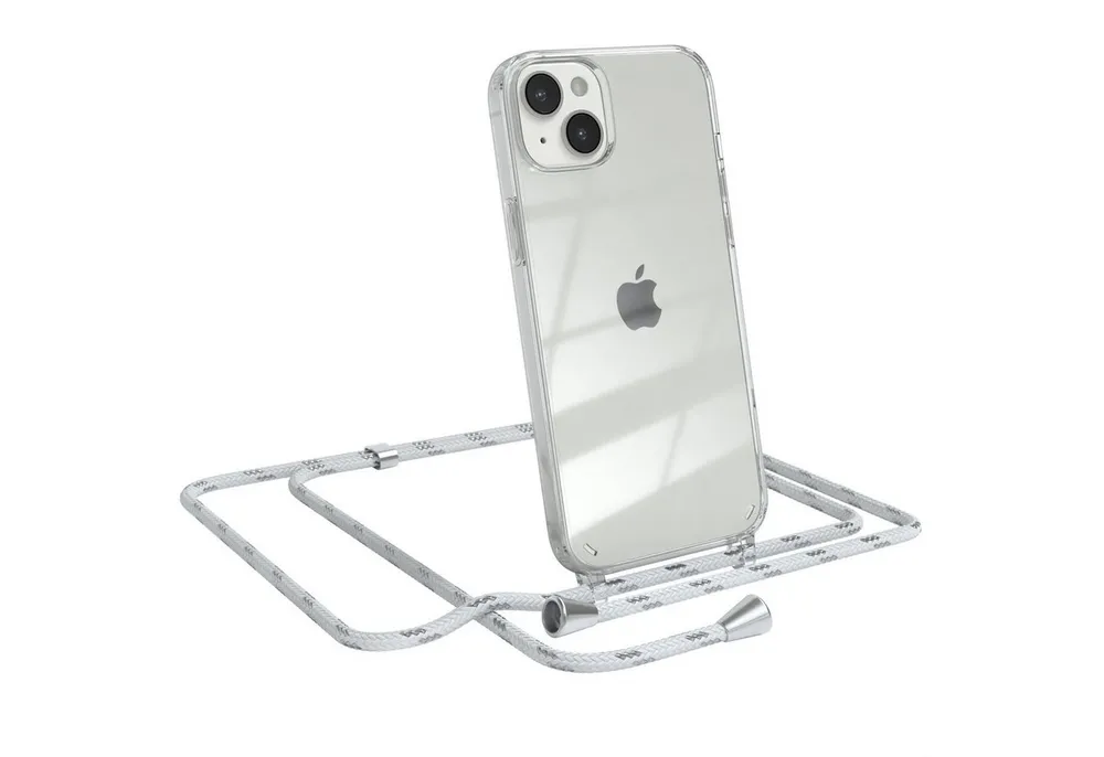 EAZY CASE Handykette Hülle mit Kette für Apple iPhone 14 Plus 6,7 Zoll, Hülle Smartphonekette für Unterwegs Festivalhülle Transparent Weiß