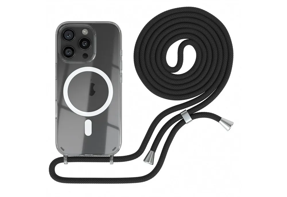 EAZY CASE Handykette mit Magsafe Hülle für Apple iPhone 16 Pro 6,3 Zoll, Handykordel Qi-Case Slimcover mit Umhängeband zum Umhängen in Schwarz