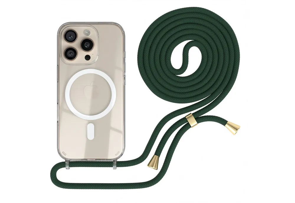EAZY CASE Handykette mit Magsafe Hülle für Apple iPhone 16 Pro 6,3 Zoll, Handykette zum Umhängen Ladehülle mit Kordel Rundes Band Grün Gold