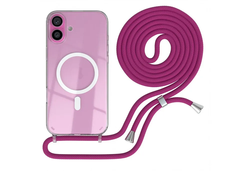 EAZY CASE Handykette mit Magsafe Hülle für Apple iPhone 16 Plus 6,7 Zoll, Slimcover Festival Hülle Band Handyketten induktive Umhängehülle Pink