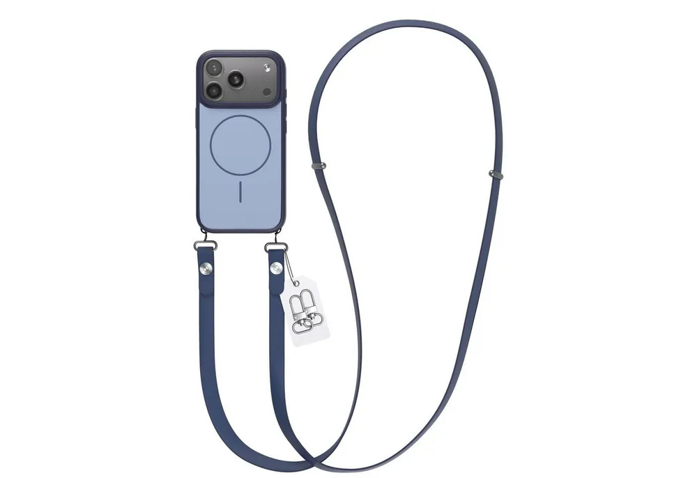EAZY CASE Handykette Outdoor Case Thin MagSafe mit Band für Apple iPhone 17 Pro 6,3 Zoll, Hülle mit Slim MagSafe Ring und flexibler Crossbody Kette Blau