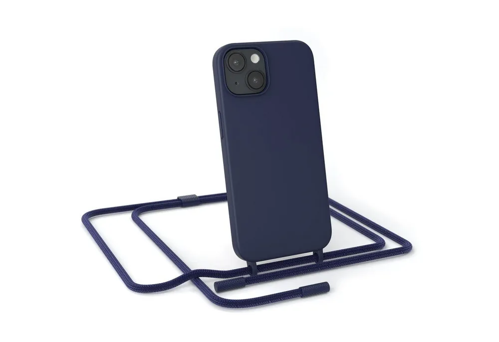 EAZY CASE Handykette Runde Kette für Apple iPhone 14 6,1 Zoll, Handytasche durchsichtige Silikon Hülle mit breitem Umhängeband Blau