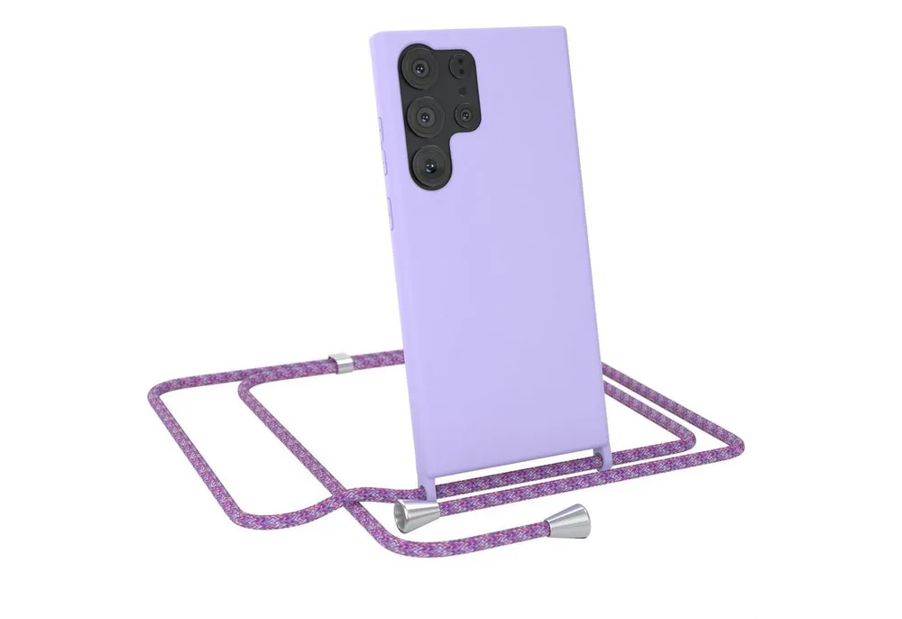 EAZY CASE Handykette Runde Silikon Kette für Samsung Galaxy S23 Ultra 6,8 Zoll, Handy Band Schutzhülle Back Cover Full Color Matt Crossbag Violett Mix