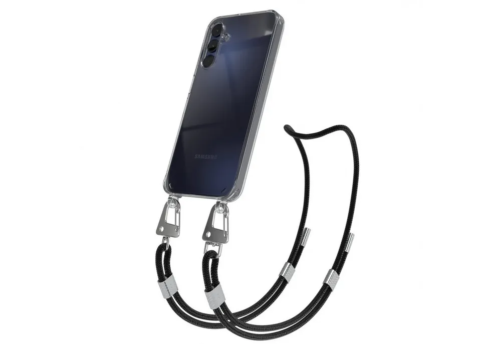 EAZY CASE Handykette Silikonhülle mit Kette für Samsung Galaxy A15 6,5 Zoll, Ketten Hülle Transparent Case Kettenhülle abnehmbare Kordel Schwarz