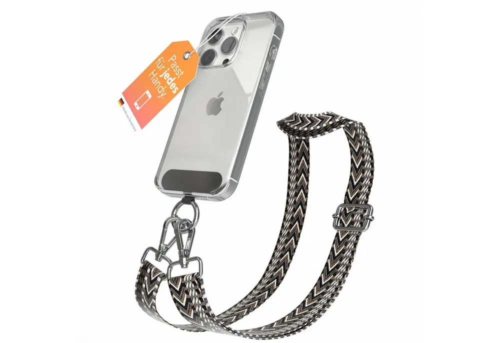 EAZY CASE Handykette Universal für alle Smartphones Boho/Wave/Leo Style, Universales Handyband mit Carabiner wechselbare Kordel Schwarz Silber
