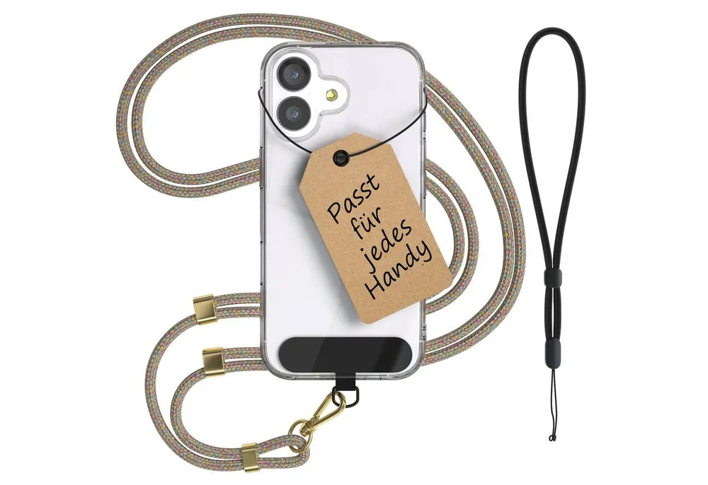 EAZY CASE Handykette Universal Handykette für alle Modelle zum Umhängen, Universales Handyband mit Carabiner wechselbare Kordel Bunt Clips Gold