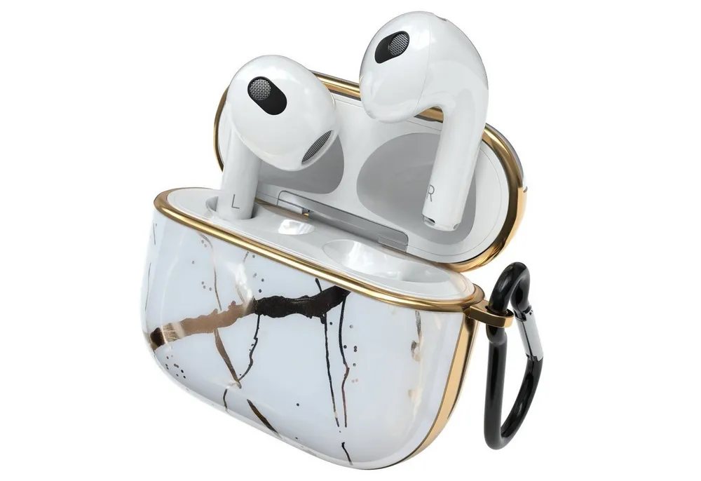 EAZY CASE Kopfhörer-Schutzhülle IMD Motiv Case kompatibel mit Apple AirPods 3, Hardcover Box Schutzhülle Rutschfestes Etui Hülle Stoßfest Weiß / Gold