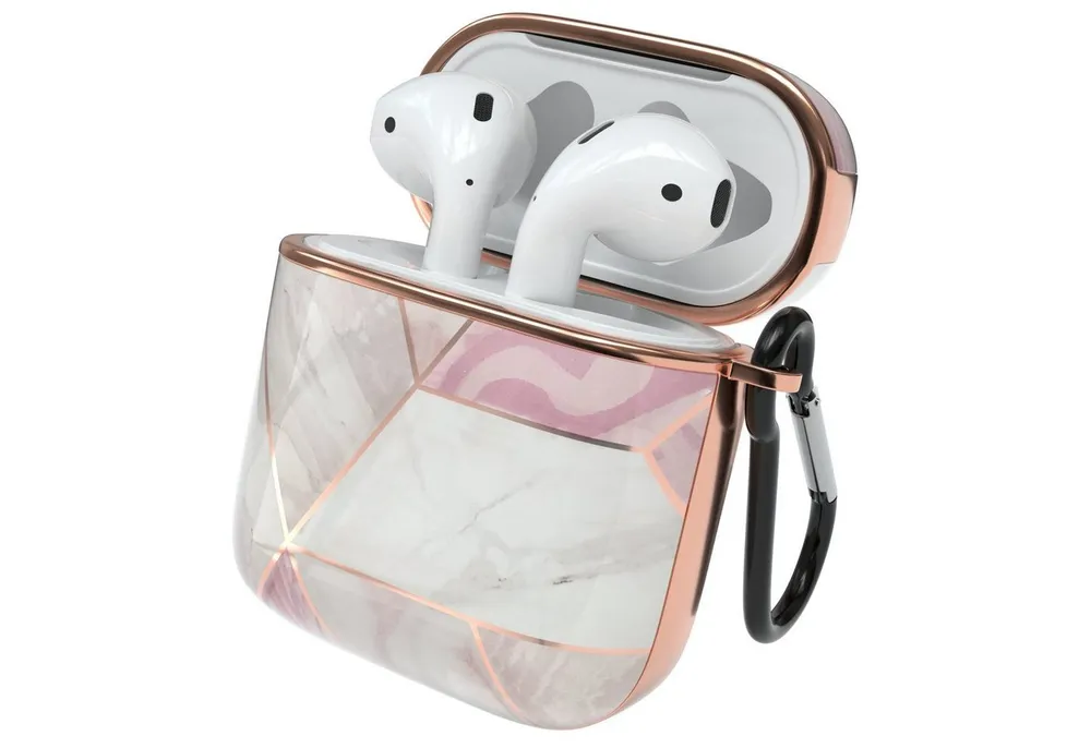 EAZY CASE Kopfhörer-Schutzhülle IMD Motiv Case kompatibel mit Apple AirPods 1 & 2, Hardcover Stoßfest Fullcover Bumper mit Handschlaufe Rosa / Roségold
