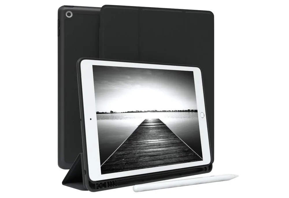 EAZY CASE Tablet-Hülle Penholder Smartcase für iPad 7. / 8. / 9. Gen. 10,2 Zoll, Hülle Schutzhülle mit Sleep Wake Up Funktion Etui zum Klappen Schwarz