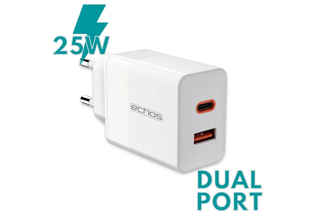 echos Eco-4042 Schnelllade-Gerät (Set, 25 Watt Schnellladegerät, Dualport, USB-C + USB-A, QC3.0, PD, PPS)