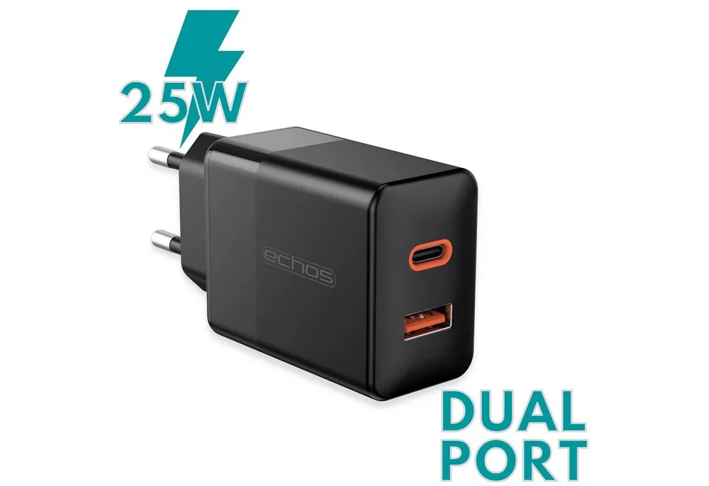 echos Eco-4043 Schnelllade-Gerät (Set, 25 Watt Schnellladegerät,Dualport,USB-C + USB-A,QC3.0,PD,PPS)