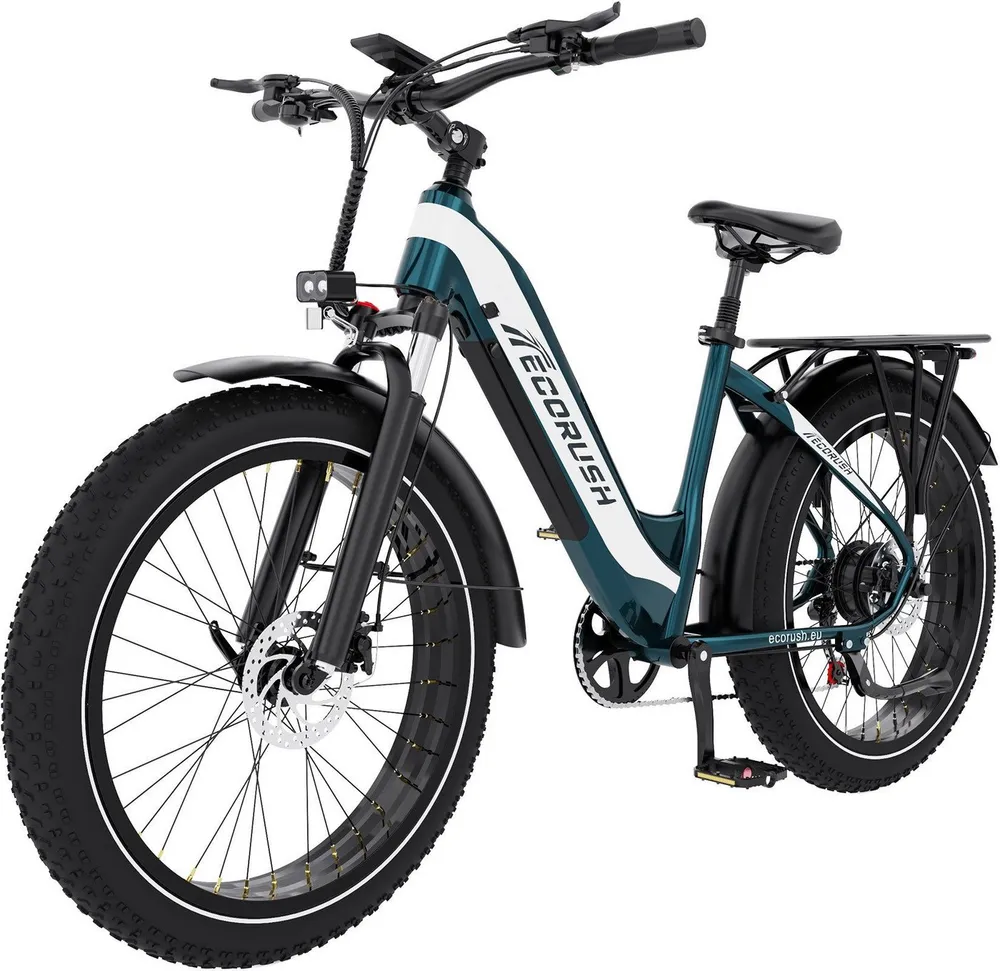 ECORUSH E-Bike Trekkingrad Elektrofahrrad, 26 * 4.0 Breite Reifen mit 48V20Ah Akku, 7 Gang shimano shimano Schaltwerk, Kettenschaltung, Heckmotor, 960 Wh, Vollfederung, Pedelc, E-Mountainbike für Erwachsene