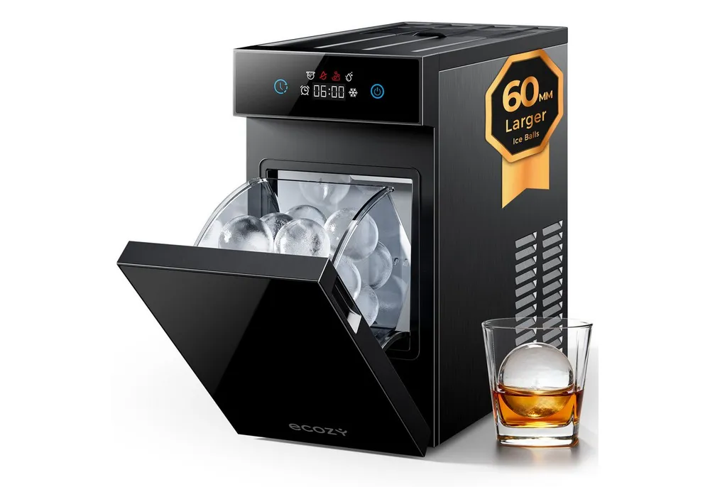 eCozy Eiswürfelmaschine für klare Eiskugeln Ø 60 mm, extragroß, kristallklar, Selbstreinigung, 8h Startzeitvorwahl, LED-Touchdisplay